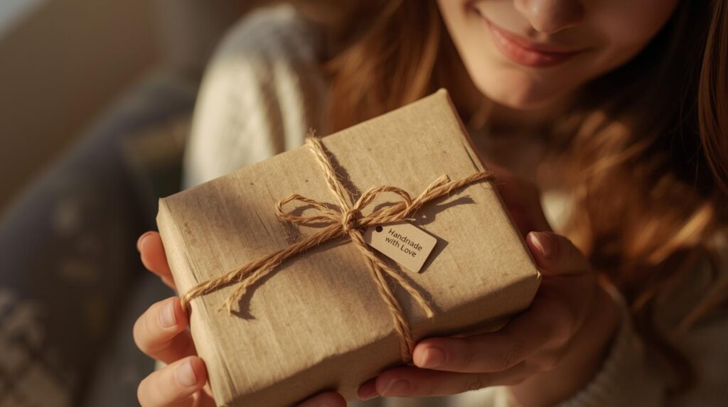 Close up of hands offering a handmade gift tied with twine
