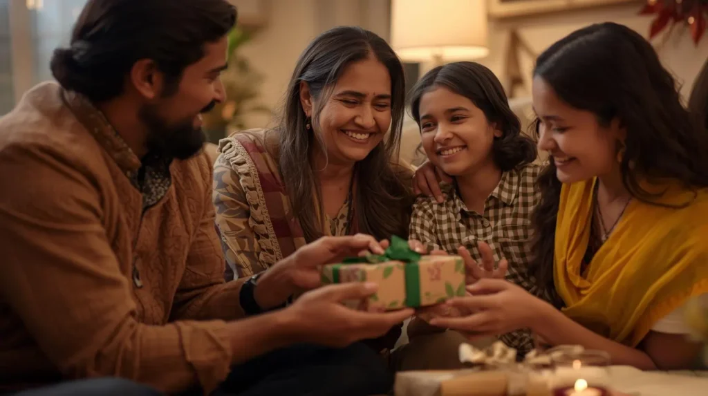 Family exchanging eco-friendly presents at home heartfelt and sustainable gift ideas for parents in 2025.