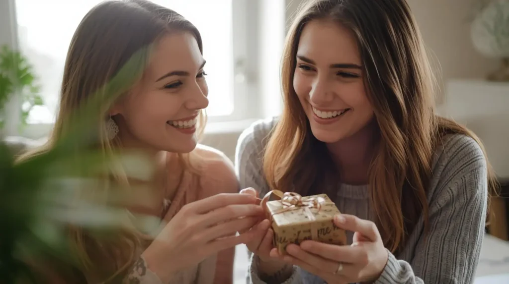 Two friends smiling while exchanging thoughtful friend gifts